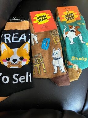Oooh Yeah! Dog Print Crew Socks Bundle - Black, Brown, Teal Dog Lovers NWT SET3